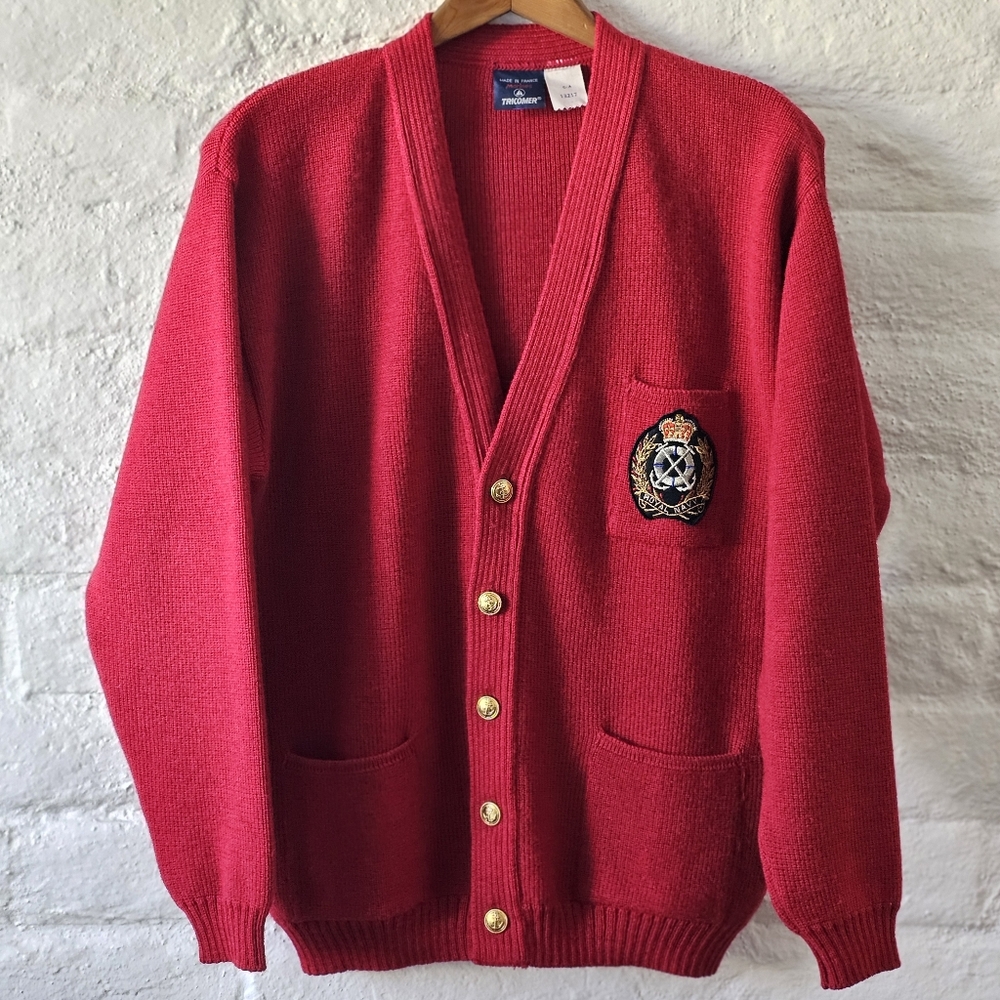 VTG Royal Navy Red Wool Cardigan Embroidered Monogram w/ Metal Embossed Buttons